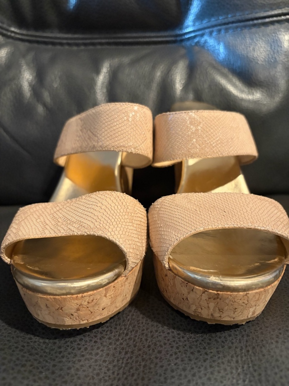 Jimmy Choo Beige Textured Leather Cork Wedge Slides - Picture 10 of 12